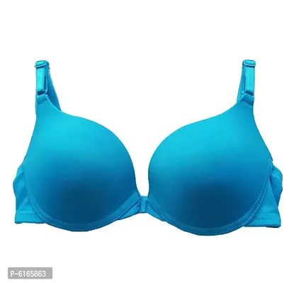 Stylish Turquoise Polyester Spandex Solid Front Open and Remove Bra Set For Women