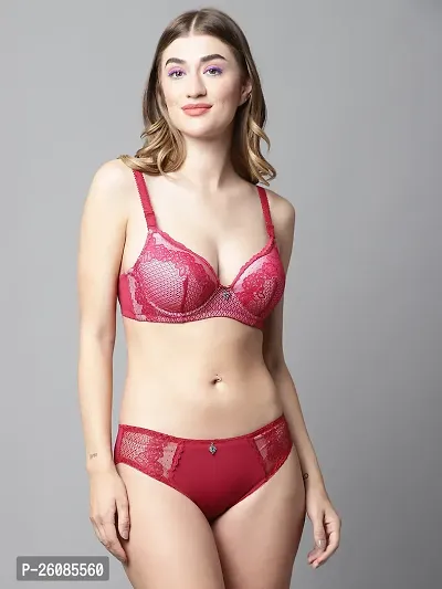 Stylish Red Solid Bra And Panty Set For Women