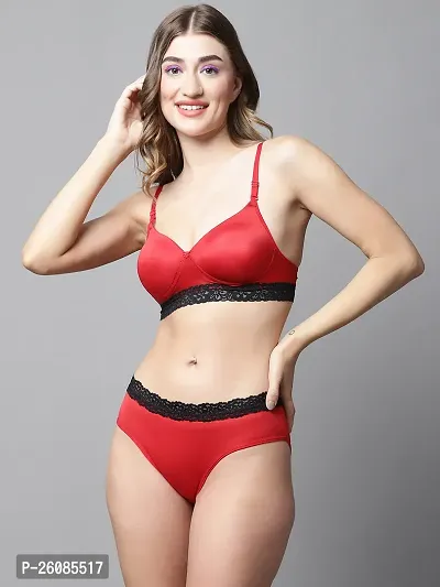 Stylish Red Solid Bra And Panty Set For Women