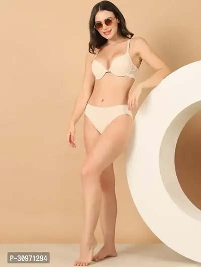 Stylish Beige Polyester Solid Bra And Panty Set For Women-thumb5