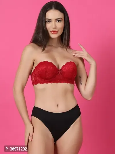 Stylish Red Lace Solid Bra And Panty Set For Women