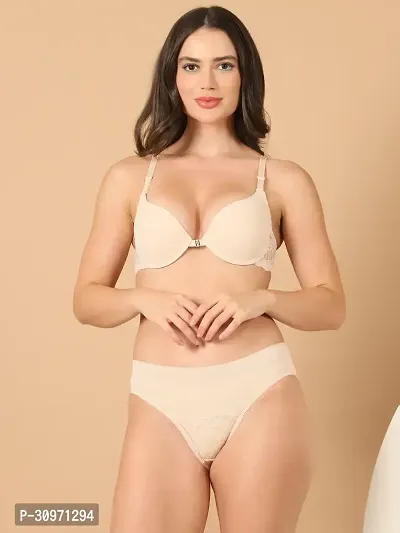 Stylish Beige Polyester Solid Bra And Panty Set For Women-thumb0