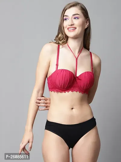 Stylish Red Solid Bra And Panty Set For Women