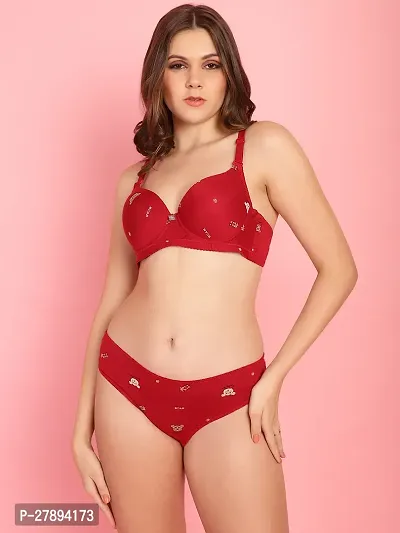 Stylish Red Cotton Blend Printed Bra With Panty Set For Women-thumb0