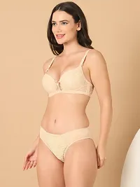 Stylish Beige Lace Solid Bra And Panty Set For Women-thumb2