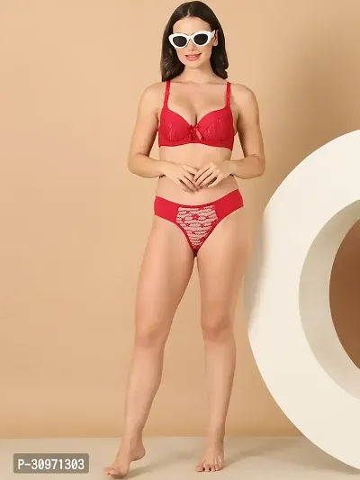 Stylish Red Lace Solid Bra And Panty Set For Women-thumb5