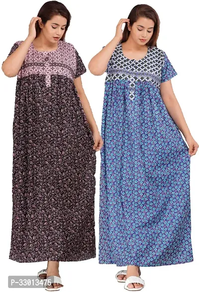 Elegant Multicoloured Cotton Printed Nighty For Women Pack Of 2-thumb0