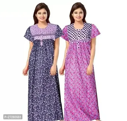 Elegant Multicoloured Cotton Printed Nighty For Women Pack Of 2-thumb0