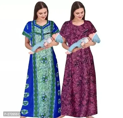 Elegant Multicoloured Cotton Printed Nighty For Women Pack Of 2-thumb0