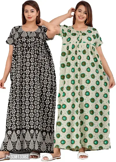 Elegant Multicoloured Cotton Printed Nighty For Women Pack Of 2-thumb0