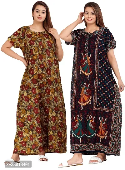 Elegant Multicoloured Cotton Printed Nighty For Women Pack Of 2-thumb0