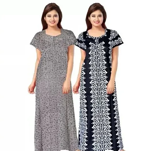 Womens Cotton Printed Nighty/Night Gown - Pack Of 2