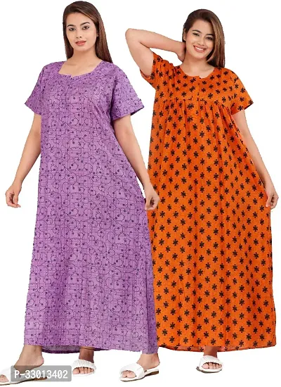 Elegant Multicoloured Cotton Printed Nighty For Women Pack Of 2-thumb0