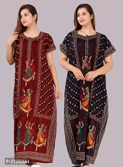 Elegant Multicoloured Cotton Printed Nighty For Women Pack Of 2-thumb0