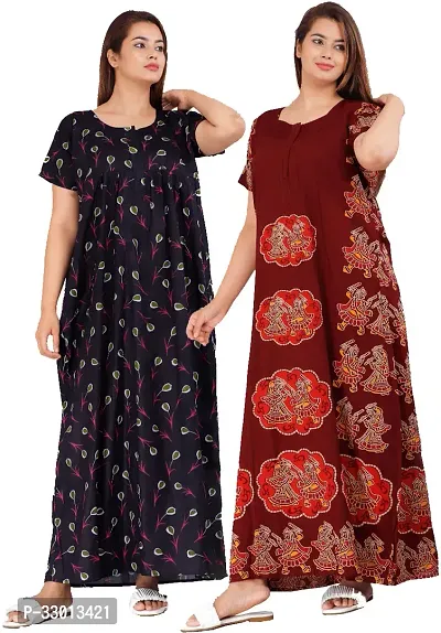 Elegant Multicoloured Cotton Printed Nighty For Women Pack Of 2-thumb0