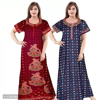 Elegant Multicoloured Cotton Printed Nighty For Women Pack Of 2-thumb0