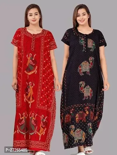 Elegant Multicoloured Cotton Printed Nighty For Women Pack Of 2