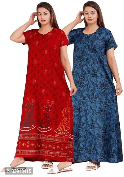 Elegant Multicoloured Cotton Printed Nighty For Women Pack Of 2-thumb0