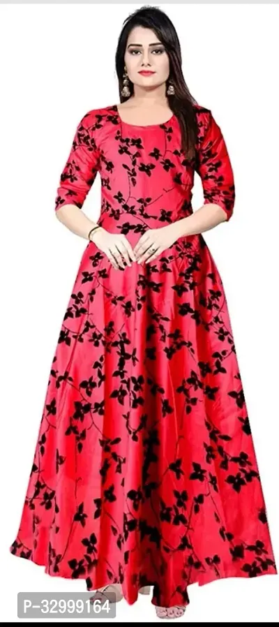 Stylish Red Viscose Rayon Printed Stitched Ethnic Gowns For Women-thumb0