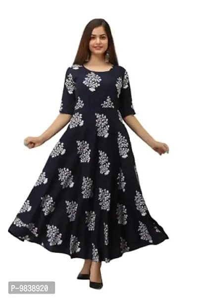 PinkCity Products Women's Anarkali Printed Full Long Gown Dress Kurti for Casual and Work wear for Women and Girls(Kurti-22-dark Blue-L)