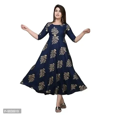 PinkCity Products Women's Printed Full Long Gown Dress Kurti for Casual and Work wear for Women and Girls(Kurti-25-blue-M)-thumb0