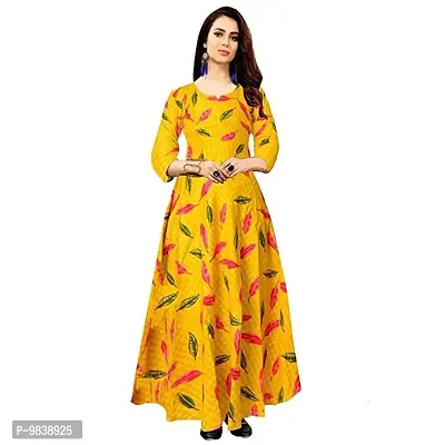 PinkCity Products Women's Attractive Rayon Maxi Dress Round Neck Anarkali Long Gown Kurti for Women and Girls(Kurti-24-yellow-M)