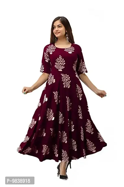 PinkCity Products Women's Anarkali Printed Full Long Gown Dress Kurti for Casual and Work wear for Women and Girls(Kurti-22-wine-XL)