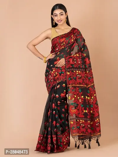 Stylish Cotton Black Printed Saree with Blouse piece-thumb0