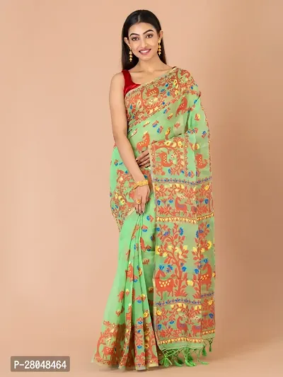 Stylish Cotton Green Printed Saree with Blouse piece