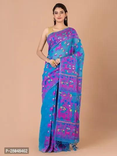 Stylish Cotton Blue Printed Saree with Blouse piece-thumb0