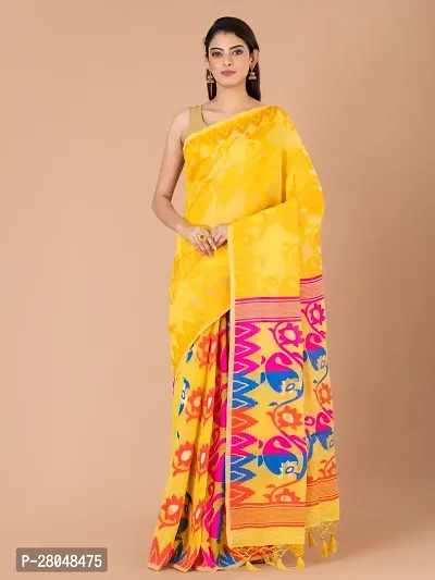 Stylish Cotton Yellow Printed Saree with Blouse piece