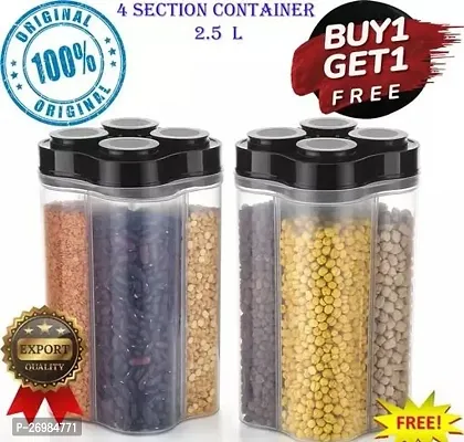 Stylish 4 Compartment Grid Grains Storage Plastic Kitchen Container Jar, Section Cereal Dispenser Airtight Jar Transparent Cereals Kitchen Space Saver (3000Ml, Pack Of 2)-thumb0