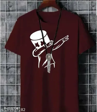 Reliable Maroon Cotton Printed Round Neck Tees For Men