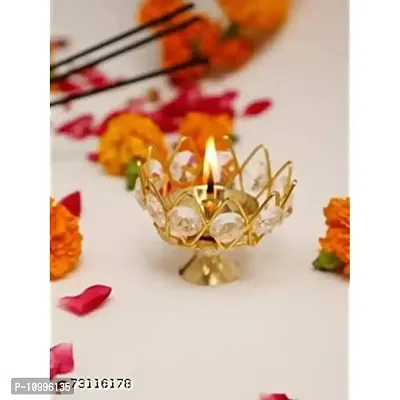 DARIDRA BHANJAN Brass Crystal Diya Kamal Deep Akhand Jyoti Oil Lamp for Home Temple Puja Decor Gifts / Brass Diya for puja (Size 4 Inch, Pack of 1)