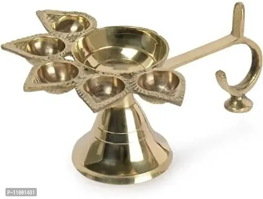 DARIDRA BHANJAN Panch aarti Diya 7 inch | panchmukhi aarti Diya with Long Handle | aarti Diya | Brass aarti Diya for puja | akhand Diya Big Size (Brass, Gold)-thumb0