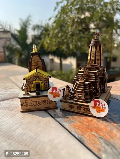 Handmade 3D Wood Shri Ram mandir and Colored Medium Kedarnath ji Temple Decorative Showpiece for Car Dashboard, Home Office, Temple.