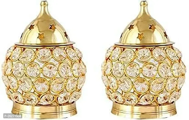 Set of 2 Brass Akhand Diya, Diamond Crystal Deepak/Dia, Akhand Jyot, Decorative Crystal Oil Lamp,Tea Light Holder Lantern, Brass Table Diya for Pooja Temple, Bedroom Decoration, Lighting.-thumb0