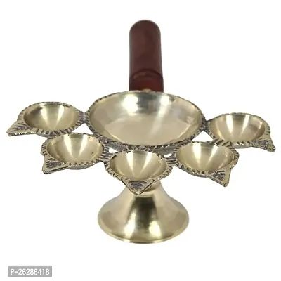 Daridra Bhanjan aditional Panch Aarti Brass Diya Oil Lamp Jyoti Puja with Stand and Wooden Handle for Mandir, Diwali Puja-thumb0
