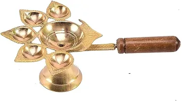 Daridra Bhanjan aditional Panch Aarti Brass Diya Oil Lamp Jyoti Puja with Stand and Wooden Handle for Mandir, Diwali Puja-thumb3