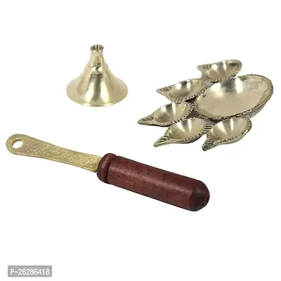 Daridra Bhanjan aditional Panch Aarti Brass Diya Oil Lamp Jyoti Puja with Stand and Wooden Handle for Mandir, Diwali Puja-thumb3