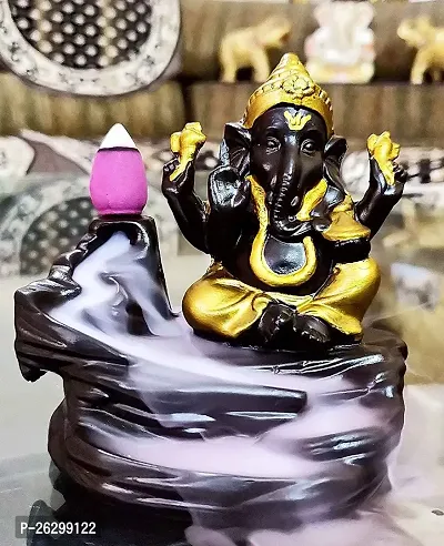 Lord Gold Ganesha Smoke Backflow Cone Incense Holder Decorative Showpiece with 10 Free Smoke Backflow Scented Cone Incenses-thumb0