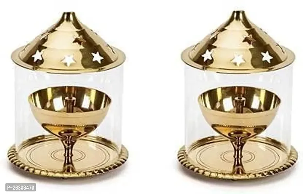 Daridra Bhanjan Pure Brass Akhand Diya Oil Puja Elevated Wick Stand Tea Light Holder Decorative Diwali Gifts Home Decor Puja Lamp with Glass Cover for Diwali, Ganesh Chaturthi (Pack of 1)