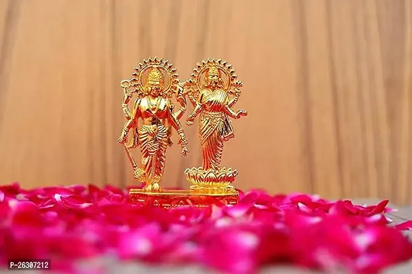 Daridra Bhanjan Lord Laxmi and Vishnu Ji Brass Idol Decorative Showpiece - 10 cm (Metal, Gold)