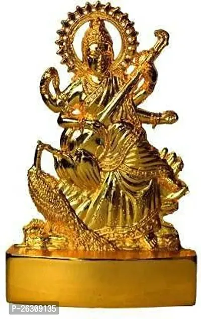 Daridra Bhanjan Saraswati Handcrafted Brass Statue Idol Murti Decorative Showpiece - 8 cm (Golden)