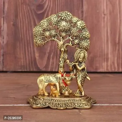 Daridra Bhanjan Metal Krishna with Cow Standing Under Tree Plying Flute Decorative Showpiece  (Metal)-thumb0