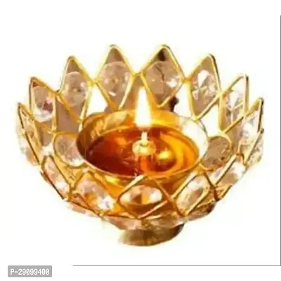 Lotus Shape Crystal Golden Brass Diya for Diwali, Navratri, Dussehra, and Other Festive Occasions-thumb0