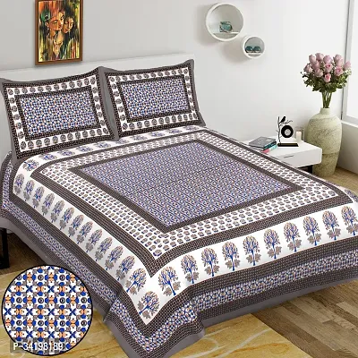 Comfortable Cotton Jaipuri Printed Queen Bedsheet with Two Pillow Covers-thumb0