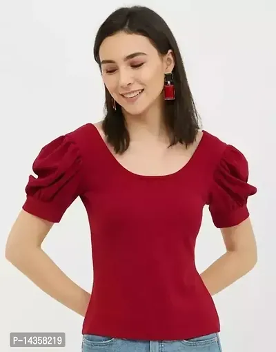 Stylish Cotton Blend Maroon Solid Puff Sleeves Top For Women