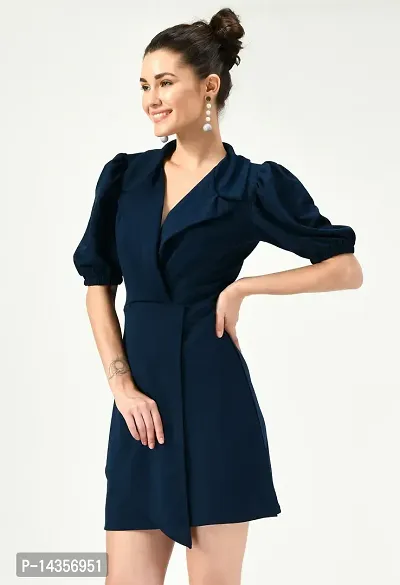 Stylish Polyester Navy Blue Above Knee Length Wrap Dress For Women