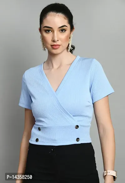 Stylish Cotton Blend Light Blue Solid Regular Sleeves Top For Women
